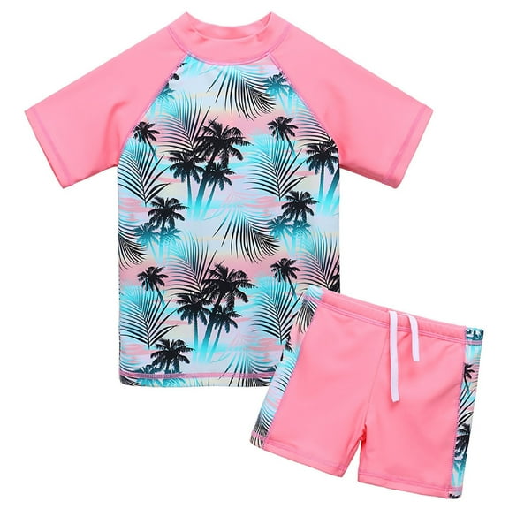BAOHULU Girls Short Sleeve Swimsuit 2-Piece Tankini UPF 50 Rash Guard Set,Size 5-12