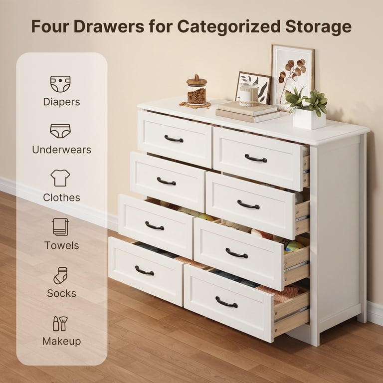 luxury white dresser White Dresser for Bedroom, Lofka 47" Wide Luxury 8 Drawers Dresser with Black Metal Handle, Smooth Gliding, Easy Assembly, Anti-Tip