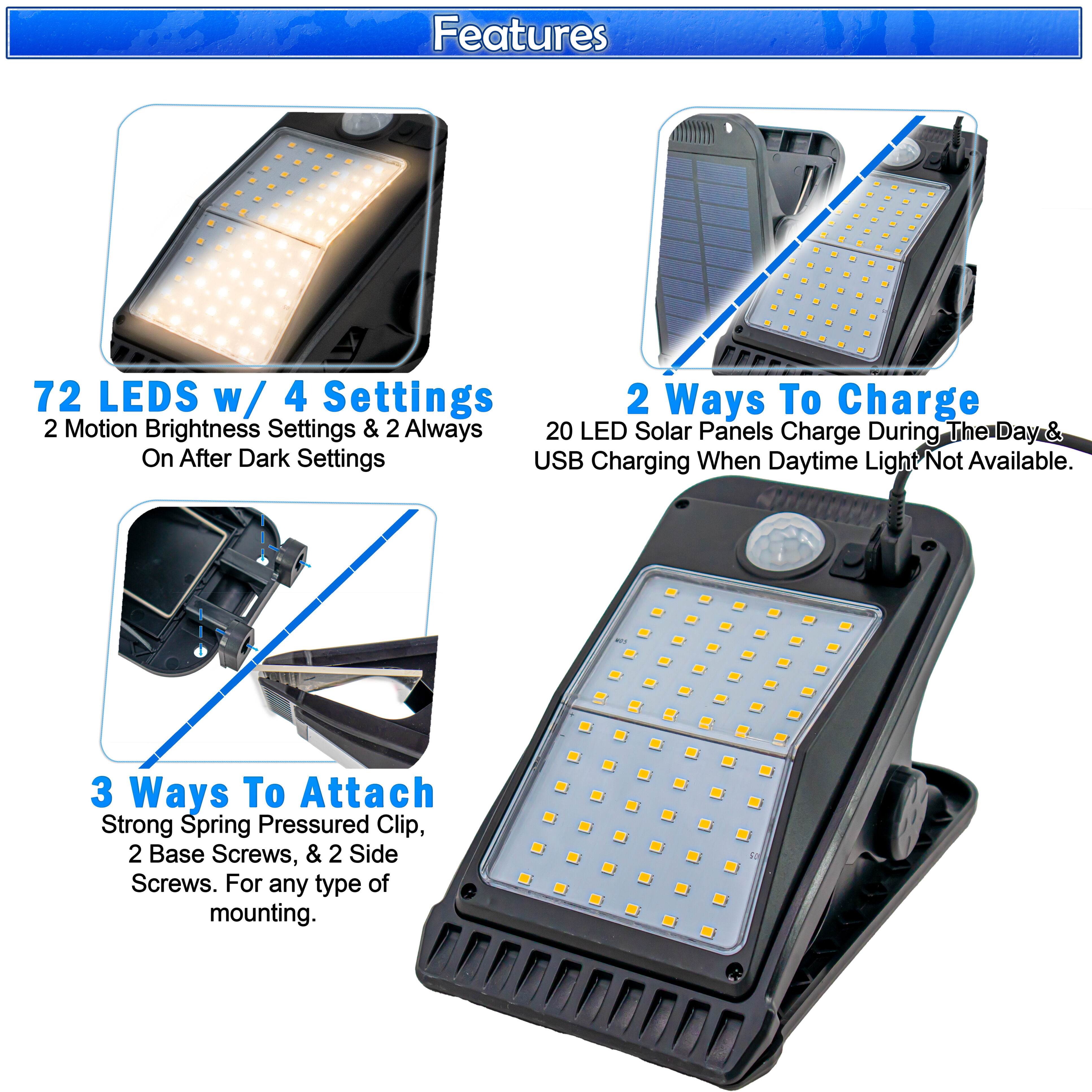 Solar Powered Clip On Outdoor 72 LED Lights Super Bright Motion Sensor Flood Light, 4 Modes, 3 Mounting Ways, 270-Degree Coverage, Weatherproof + USB Rechargeable