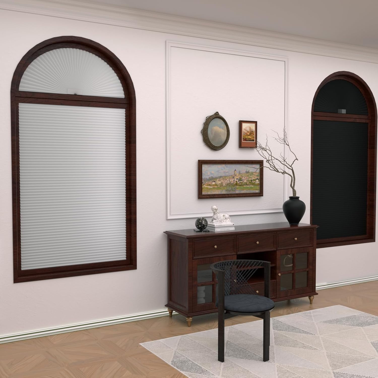 Arch Window Shades Half Circle Blackout Cellular Shades Cordless No Drill Blinds for Windows Half Moon Honeycomb Fabric No Tools Room Darkening Shades Easy Install (1PCS White 72" W X 36" H)