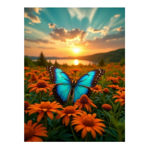 Diamond Art Kit for Adults, Blue Butterfly Sunset Over Flowers Diamond Painting for Adults Beginners, 5D DIY Diamond Art Painting Kits, Colorful Diamond Painting Craft for Home Decor 12x16