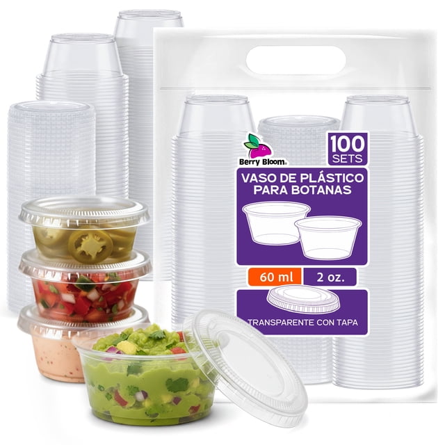Berry Bloom 100 Contenedores para Snacks y Salsas Reutilizables, Vasos Souffle de 60ml (2oz) con Tapa, 100 Vasos y 100 Tapas, Vasitos para Gelatina, Fruta, Aderezos y Dulces, Libres de BPA