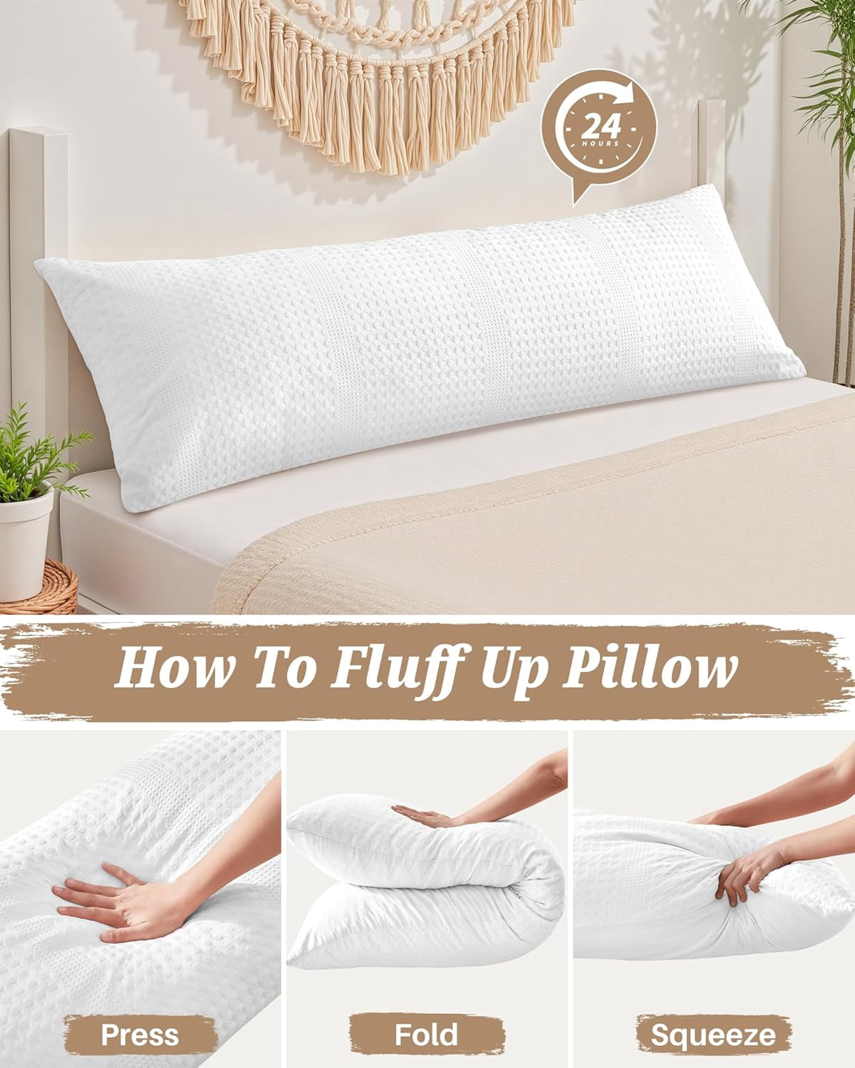 Nalqet Waffle Textured Decorative Lumbar Pillow 20x54 inch – Soft Polyester Long Throw Pillow for Sofa, Bed & Couch, White