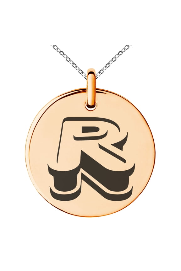 Stainless Steel Letter R Initial 3D Monogram Engraved Small Medallion Circle Charm Pendant Necklace
