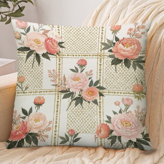 GooTPa 18x18 Inch Envelope Throw Pillow Cover, Pink Peony Gold Grid Soft Polyester Modern Farmhouse Decorative Cushion Case for Bedroom Living Room Home Decor