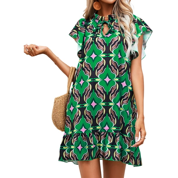 Vestido corto de Mujer Ygjytge Suelto Impreso Volantes Jersey Manga corta Verde T L