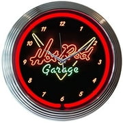 Hot Rod Garage Genuine Electric Neon 15 Inch Wall Clock Glass Face Chrome Finish USA Warranty