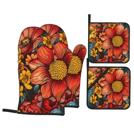 

Oven Mitts and Pot Holders 4 pcs Set Colorful Vintage Floral Pattern Heat Resistant Silicone Oven Mitts Pot Holders for Kitchen Baking Cooking Non-Slip Oven Gloves Hot Pads Potholders