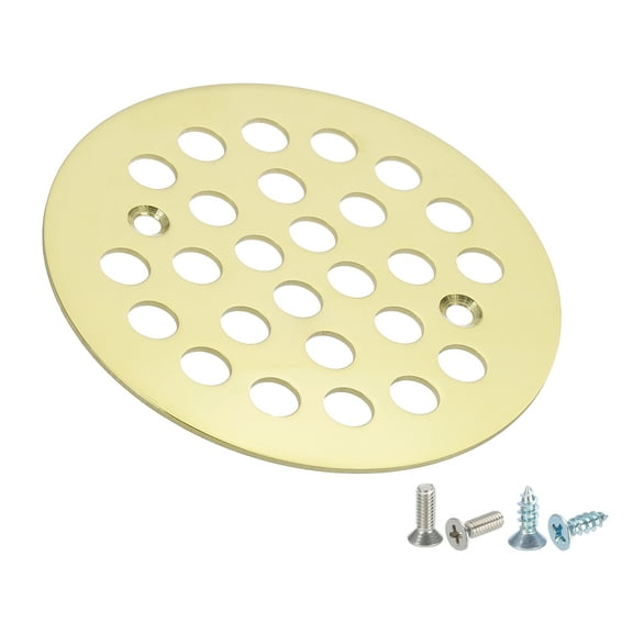 Shower Strainer Drain Trim Set 4-1/4", 1 Pcs 304 Stainless Steel Round Screw-in Shower Strainer Drain Cover with Screw for Bathroom Floor Lawns Landscaped Walkways Patios, Brass