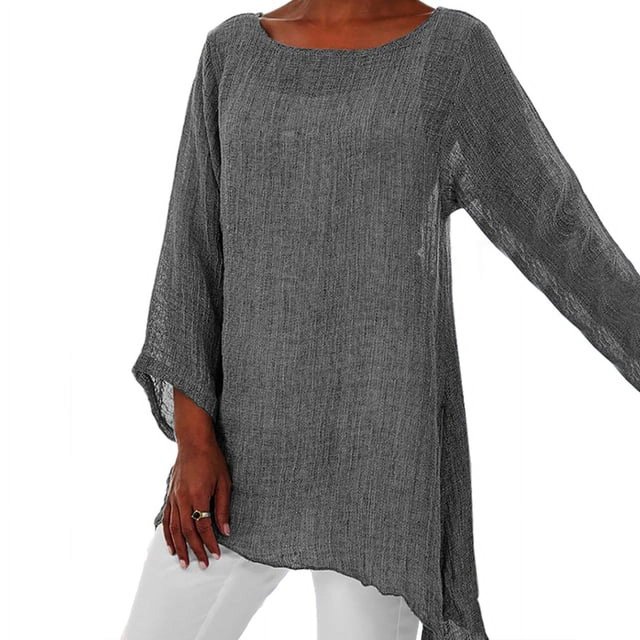 JUNWELL Hot Blouse Women Solid Color Cotton Linen O-Neck Long Sleeve Irregular Tunic Top Spring Summer Oversized Shirts