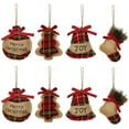 thumbnail image 1 of Adornos rústicos para árbol de Navidad, decoraciones de calcetín, arpillera, calcetín de Navidad, campana de árbol con tartán rojo y verde a la moda para decoración de fiestas navideñas, 8 unidades Adepaton WMZY-861, 1 of 7
