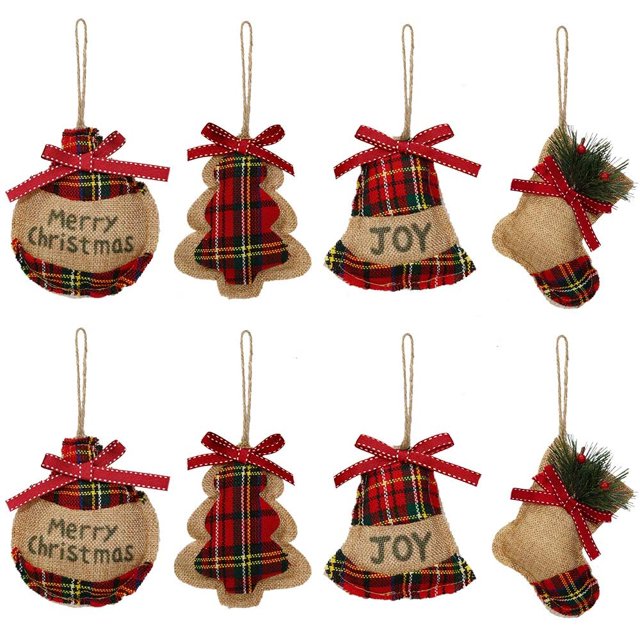 Adornos rústicos para árbol de Navidad, decoraciones de calcetín, arpillera, calcetín de Navidad, campana de árbol con tartán rojo y verde a la moda para decoración de fiestas navideñas, 8 unidades Adepaton WMZY-861