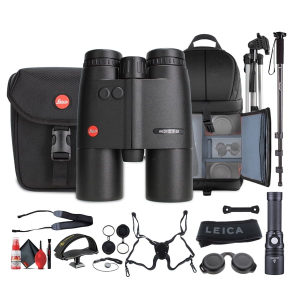 The Leica Geovid R SE Binocular Bundle Includes: table top tripod, cleaning kit, screen protector, sling backpack, led flashlight, tripod adapter tray, monopod, 72'' tripod + more