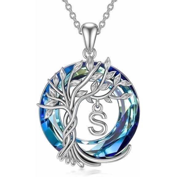 JKR Tree of Life Necklace for Women 925 Sterling Initial A-Z Letter Pendant Family Tree Crystal Jewelry Birthday Anniversary Gifts for Her Mom Wife Girlfriend Daughter