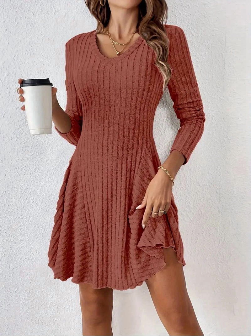 Women Long Sleeve Ribbed Knit Short Dresses Fall Winter V Neck Casual Swing  A Line Sweater Dress Red XXL