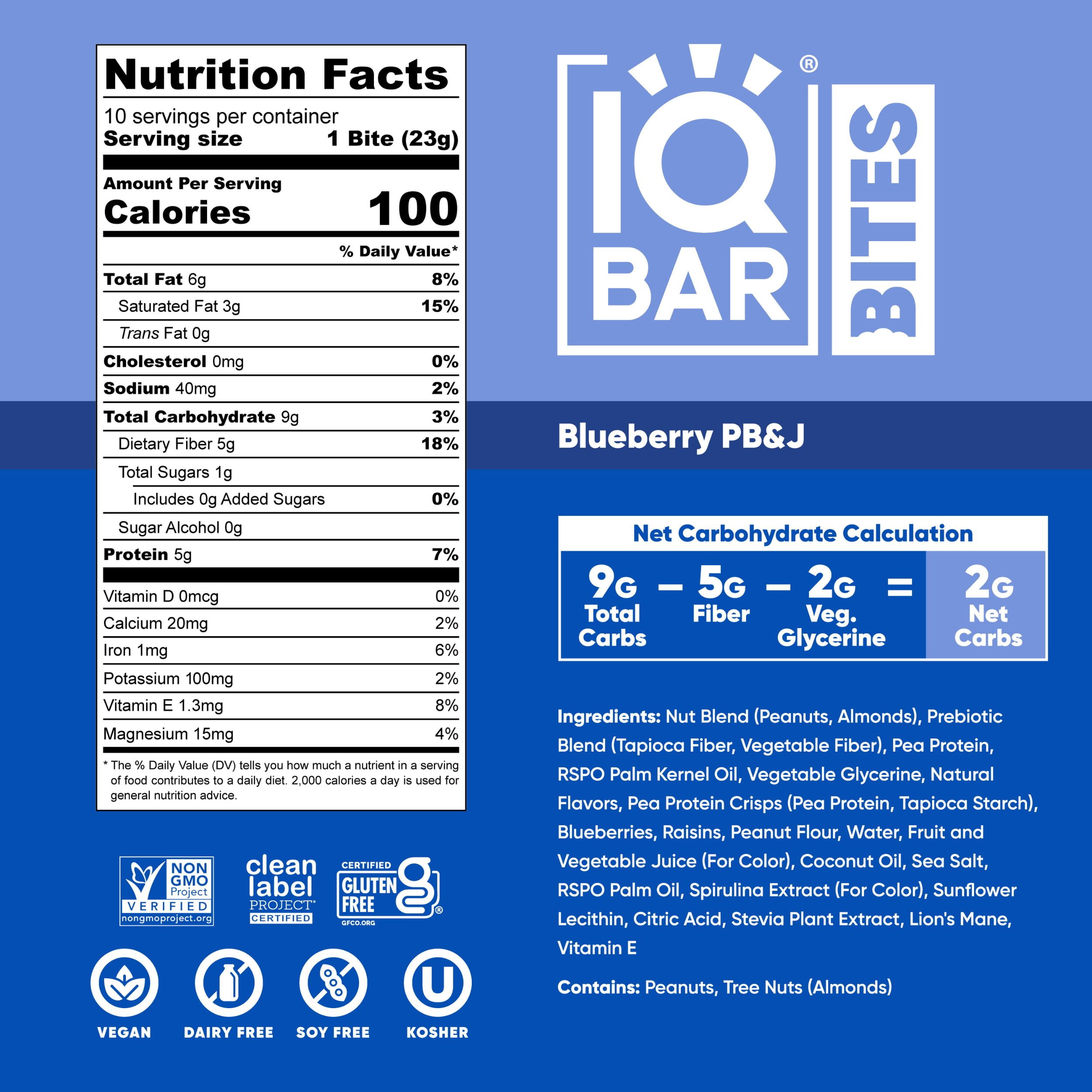 IQBAR Bites Blueberry 10 Count - High Protein, High Fiber, Low Sugar Snack - Clean Label Project Certified