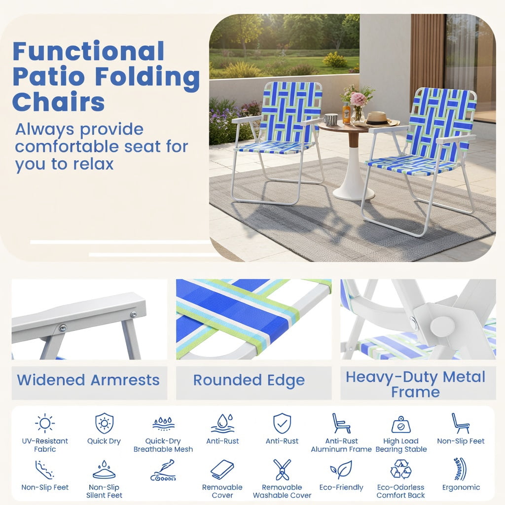 Hommoo 4-Pack Foldable Beach Chairs for Camping, Lawn & Outdoor Use, Heavy-Duty Steel Frame, Fade-Resistant PE Webbing, Portable & Lightweight, Blue