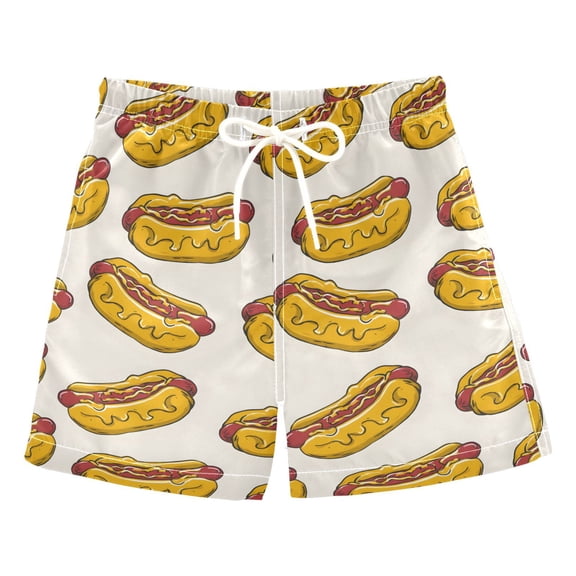 Hot Dogs with Mustar Pattern Swim Trunks Quick Dry Beach Pool Board Shorts Lightweight Stylish Print Sizes 2T to XL