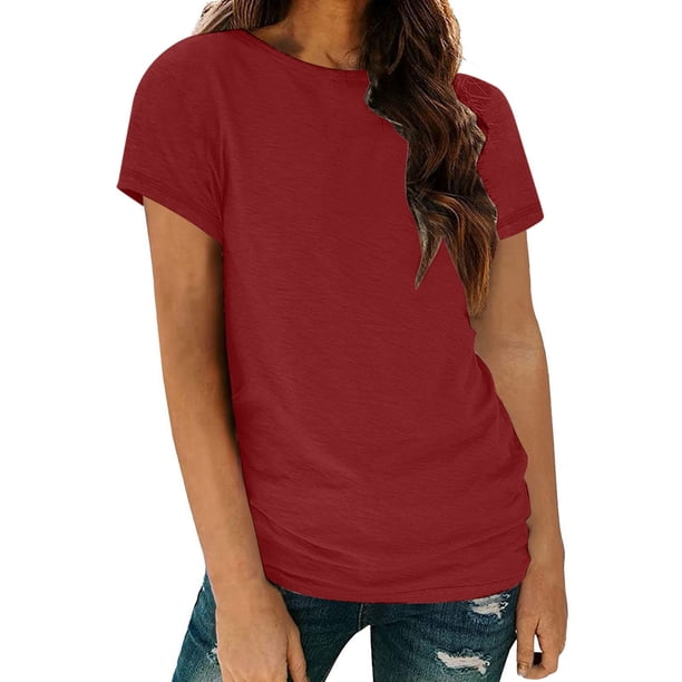Camiseta informal de cuello redondo y manga corta para mujer - Top holgado de color liso para todas las estaciones - Poliéster/spandex - S-XXXL