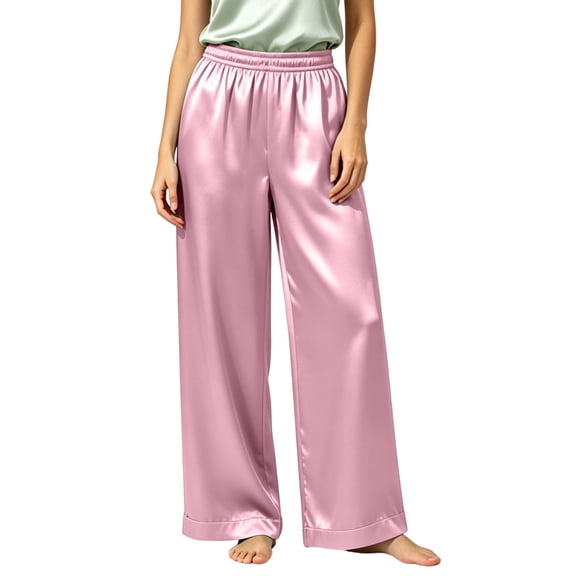 CHGBMOK Plus Size Satin Casual Pants for Women High Waisted Straight Leg Lounge Pants Drawstring Loose Trouser with Pockets