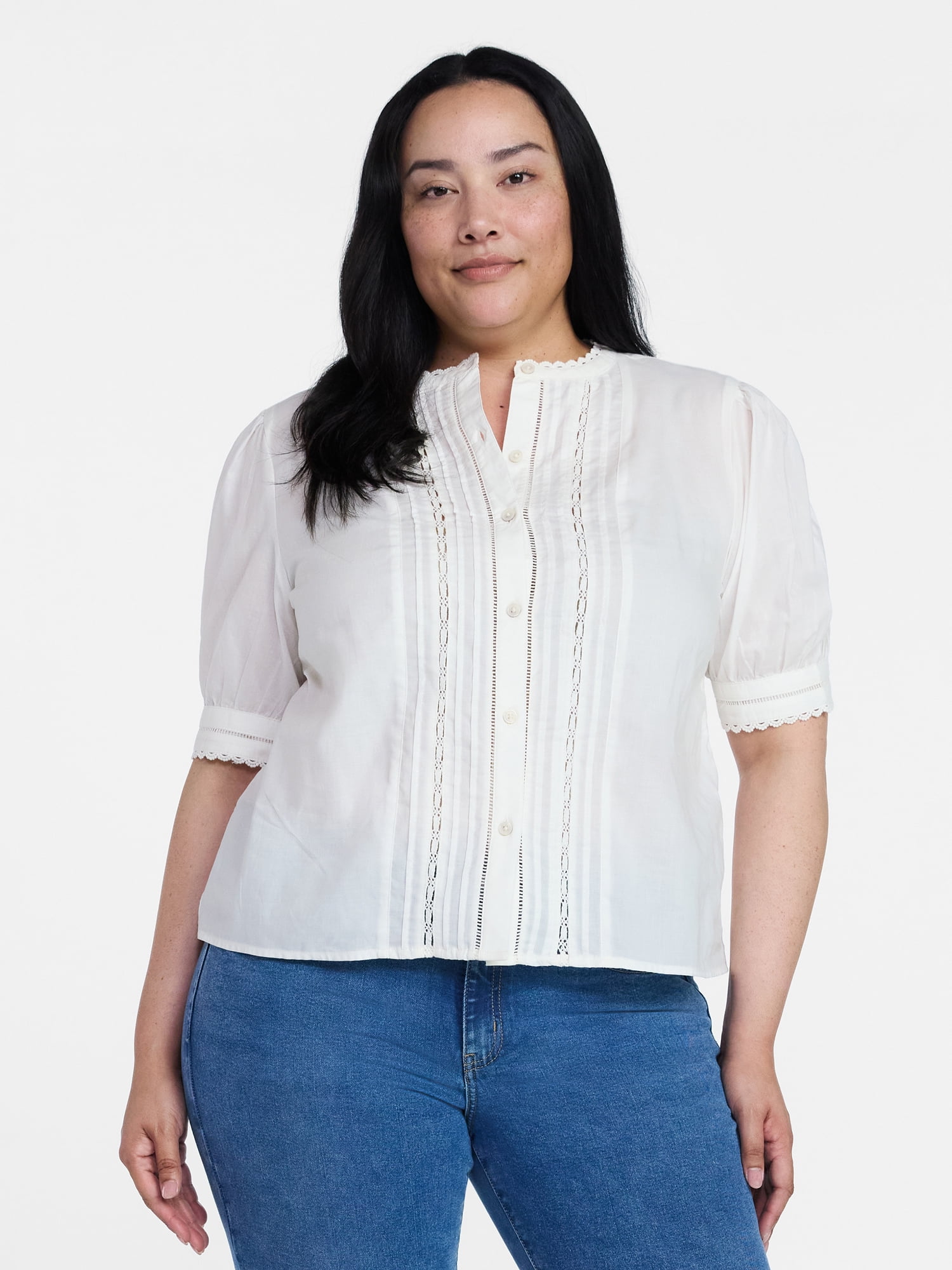 Time and Tru Women's and Women's Plus Cotton Lace Inset Blouse with Elbow Length Sleeves, Sizes XS-4X