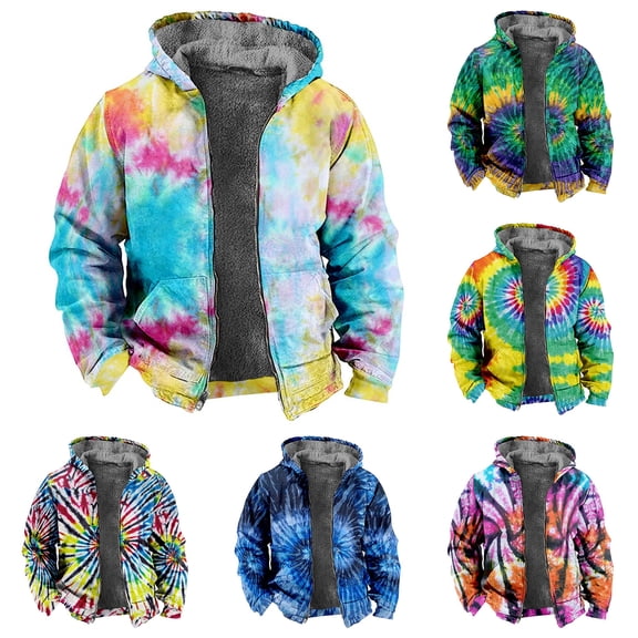 Tie Dye Lined Hoodies for Men Full Zip Heavyweight Thick Warm Jacket Coat Fall Winter Hooded Sweatshirt Yellow L