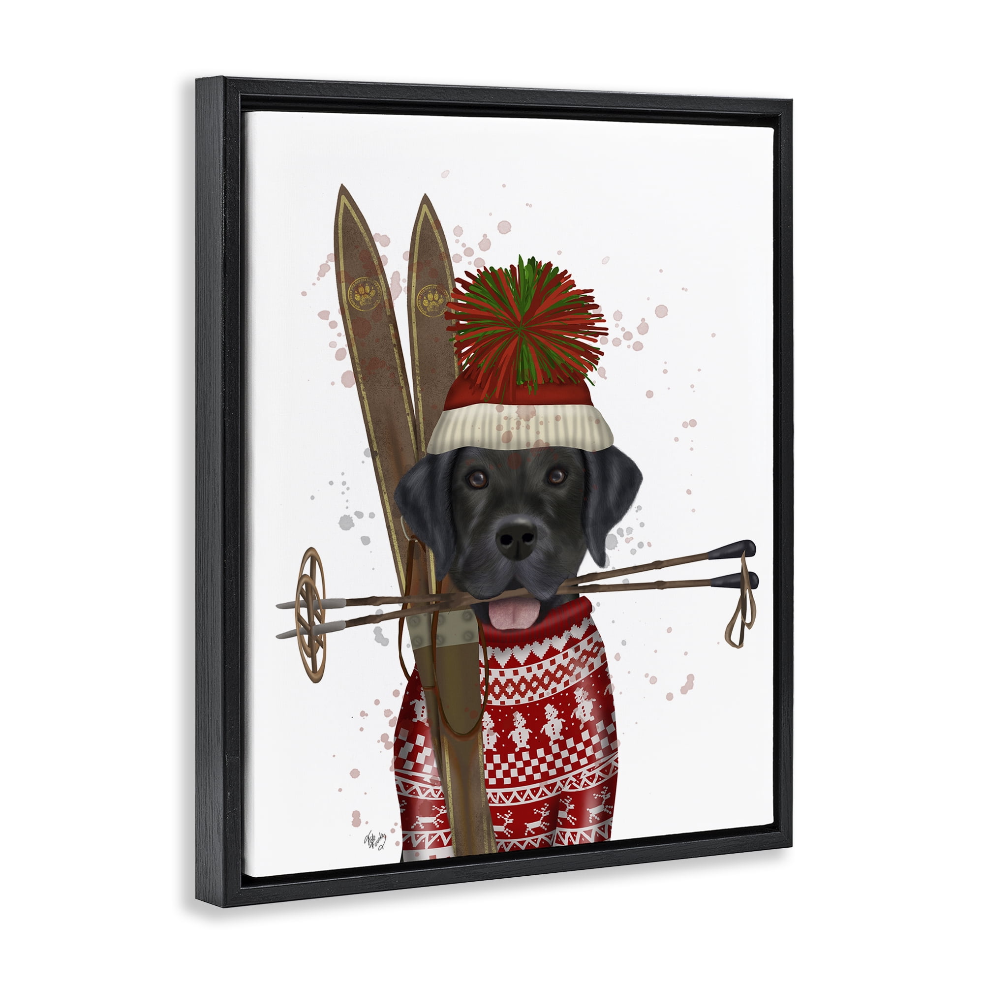 Stupell Industries Black Labrador Skiing Animals & Insects Painting Black Floater Framed Canvas Art Prints Wall Art, 25 x 31