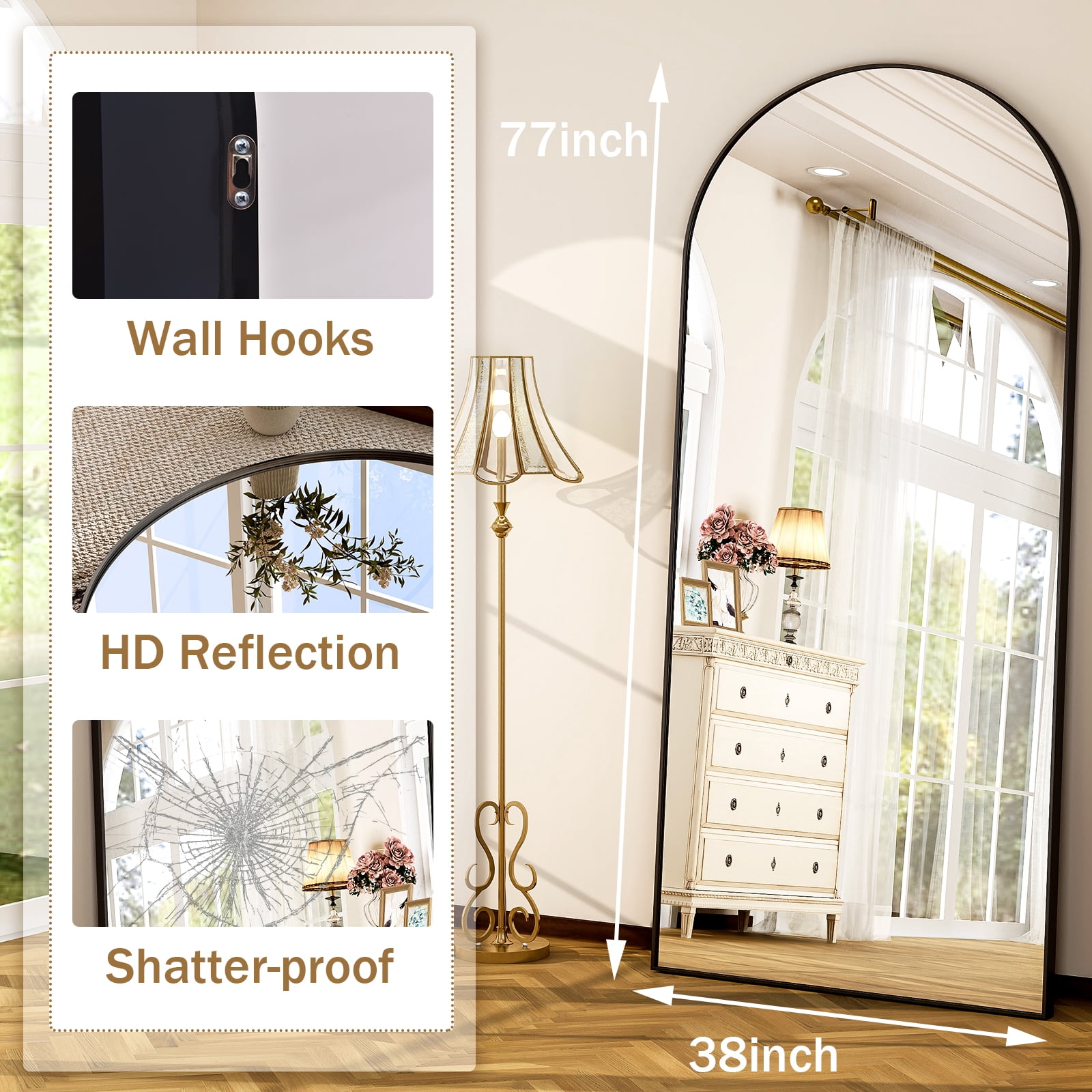 GRAHMCY 77"x38" Arched Full Length Floor Mirror Free-standing Mirror with Aluminum Alloy Frame, Black