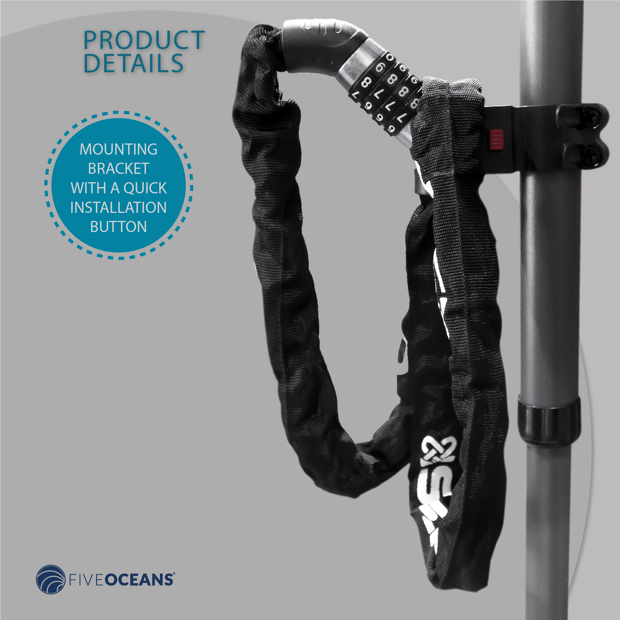 Five Oceans Bike Chain Lock, Combination Anti Theft Bike Locks Heavy Duty, Security Resettable Bicycle Lock with Mounting Bracket, 4 Feet Long for Bike, Motorcycle, Bicycle, Door, Gate - FO3958