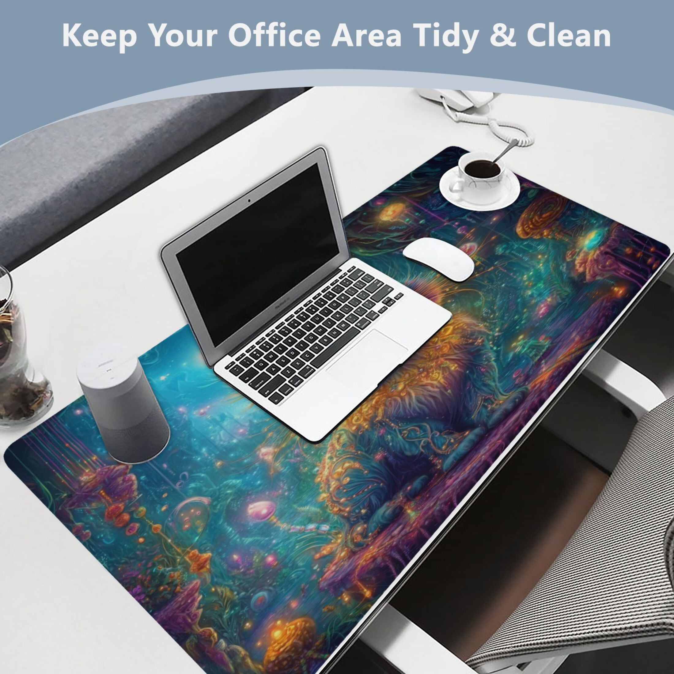 Leather Keyboard and Mouse Desk Mat Office Desk Accessories Protective Office Desk Decor Desk Pad Mat for Gaming, Work from Home, Office Mystical Cat 16.5" x 35.4"
