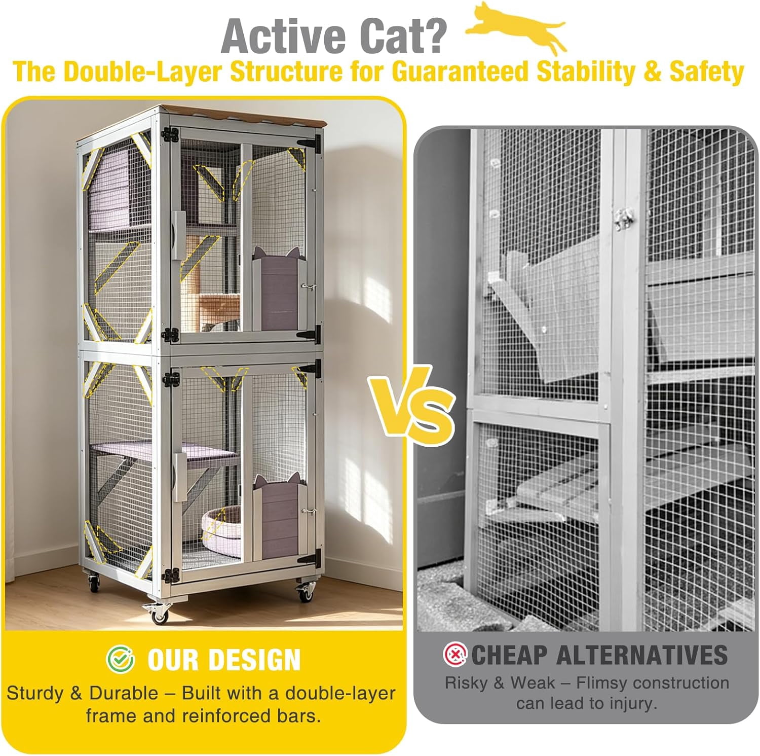 Aivituvin Catio Outdoor Cat Enclosure with Wheels, Outdoor Cat House with Weatherproof Roof, 3 Platforms, Large Window Catio Portable Cat Cage Indoor for 2-3 Cats, 23.4" D x 24.5" W x 62.8" H - Grey