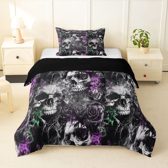 Homewish Goth Sugar Skull Twin Comforter Sets,Spooky Halloween Bedding Set,Rose Flower Duvet,Black Reversible,2-Piece,1 Comforter and 1 Pillowcase