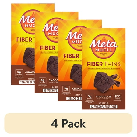 (4 pack) Metamucil Fiber Supplement Chewable Thins, Fiber Powder Food, Chocolate, 12 Count