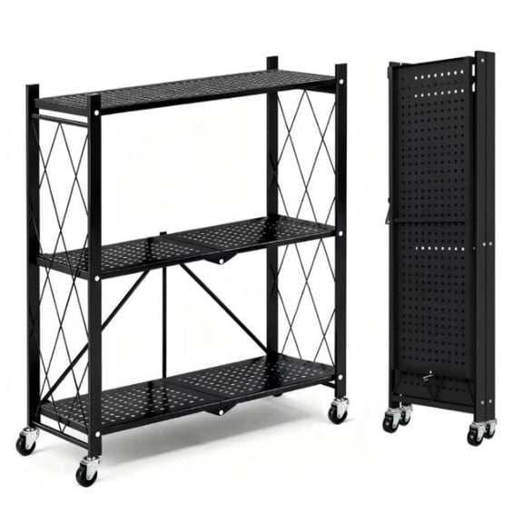 TLCEKVEC 3-Tier Storage Shelving Unit,Foldable Metal Storage Shelf with Wheels,Black
