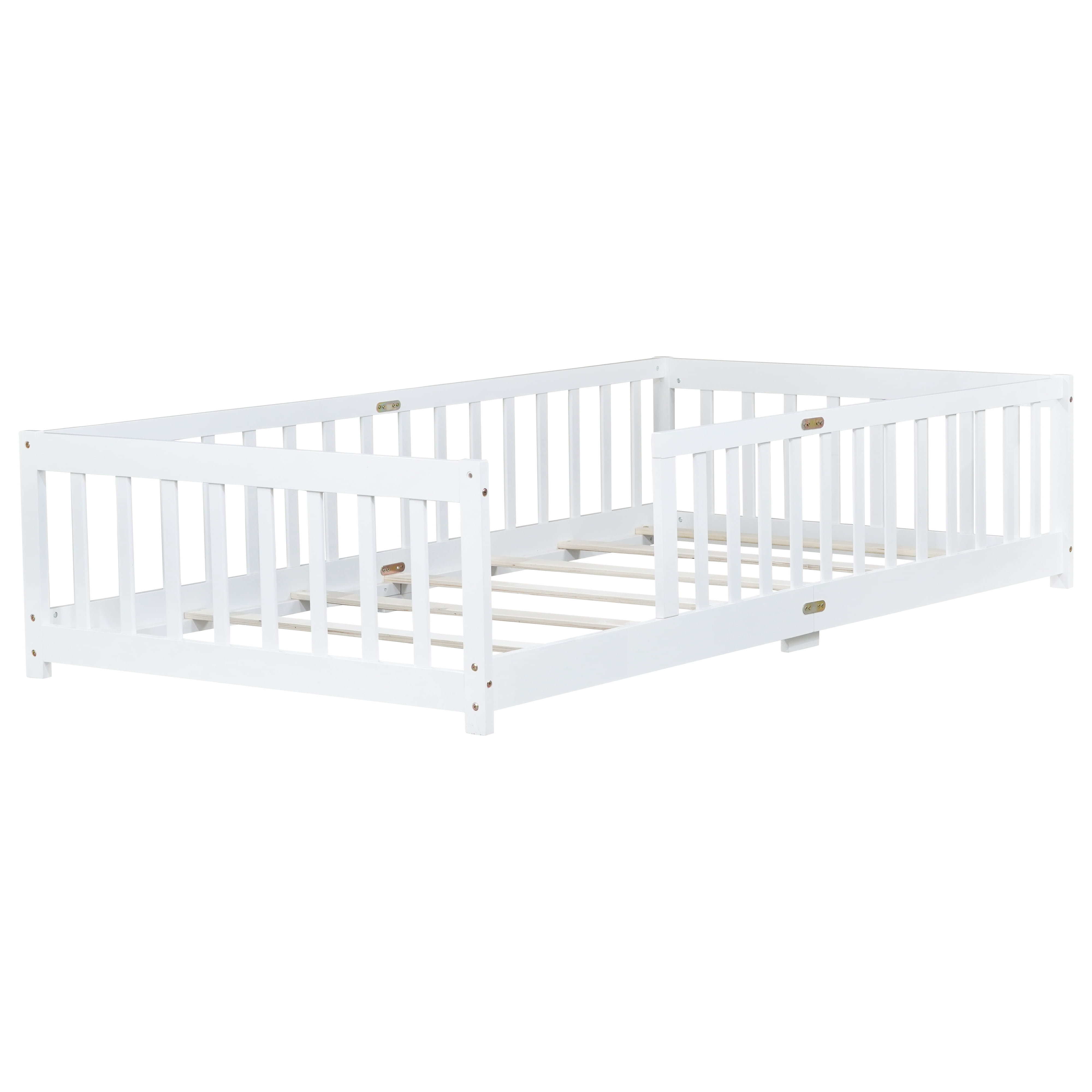 Miniyam Wooden Twin Size Floor Bed with Safety Fence for Kids, White