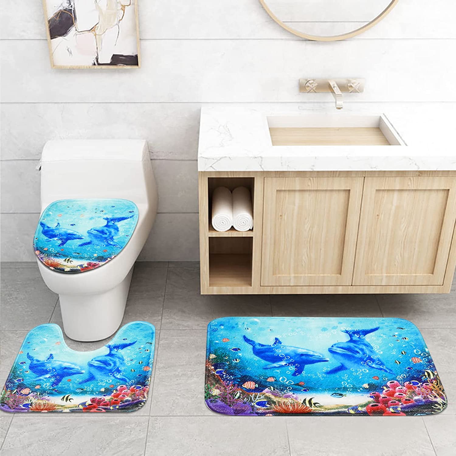 Blue Dolphin Shower Curtain and Rug Sets, 4 Pc Ocean World Bathroom Sets