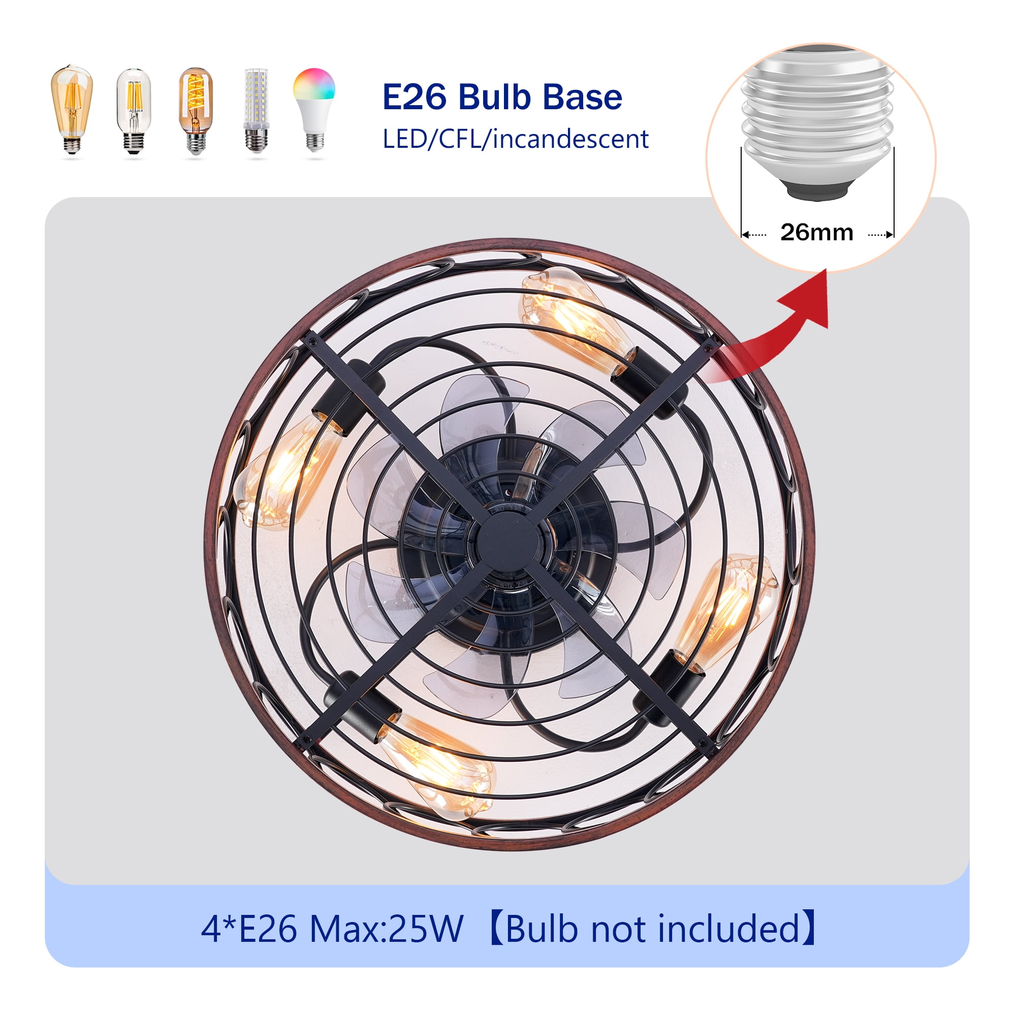Leumius 20" Black Caged Ceiling Fan with Lights and Remote Control ,Reversible Motor, DC Remote Control,6 Speed Ceiling Fan for Living Room Bedroom Dining Room (NOT Included Bulbs)
