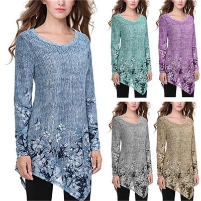 Stretch Mesh Long Sleeve Top Women's Mesh Floral Print Tops Irregular Hem Tunic Shirt Long Sleeve Plus Size Blouses ()