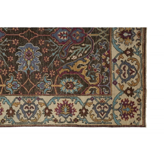 HomeRoots Ivory Brown And Wool Floral Hand Knotted Distressed Stain Resistant Area Rug