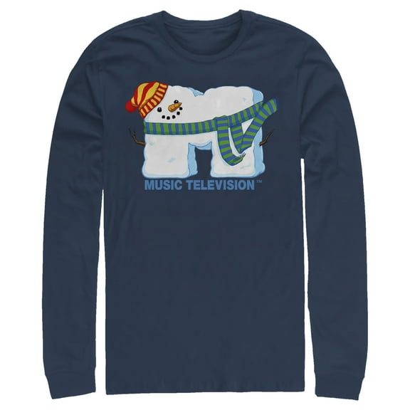 Men's MTV Christmas Snowman Logo  Long Sleeve Shirt Navy Blue X Large