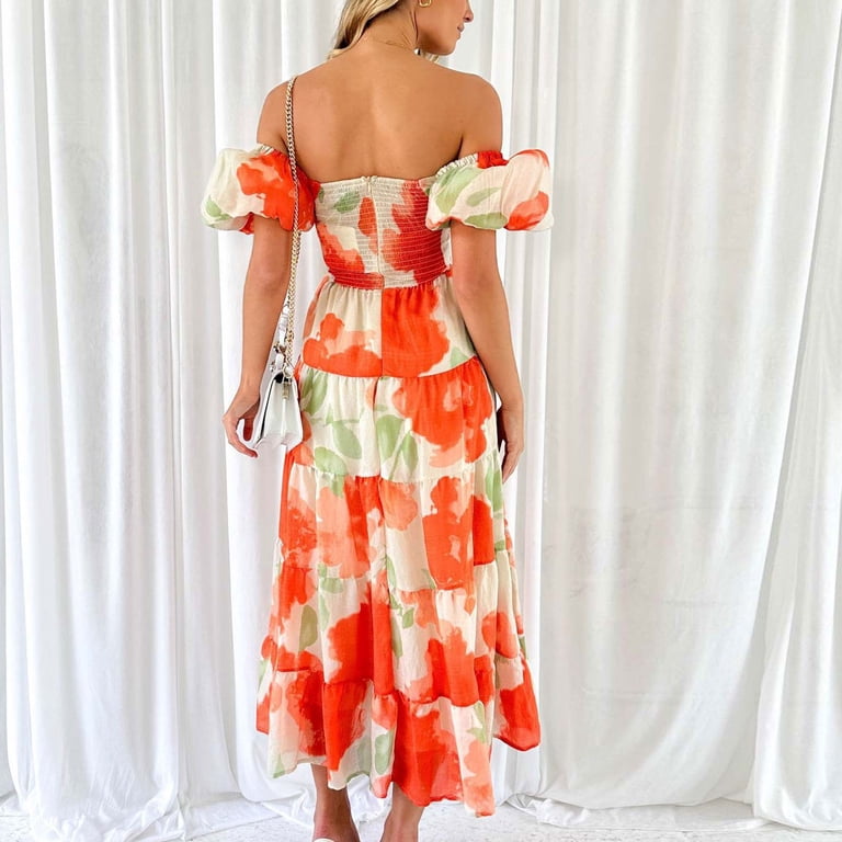 Lovskoo Women's 2024 Boho Floral Summer Sweetheart Neck Puff Short Sleeve  Off Shoulder Smocked Tiered Casual A Line Long Maxi Dress Red XL -  Walmart.com