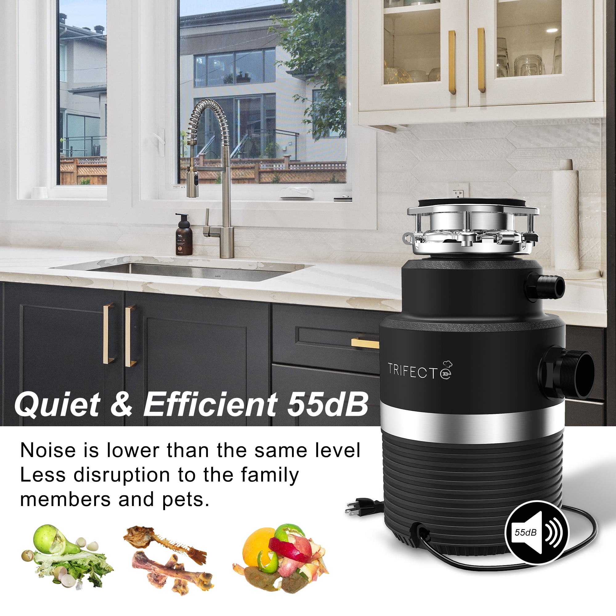 Trifecte 1HP Garbage Disposal, 3000RPM DC Motor Continuous Feed Food Waste Disposal with Power Cord