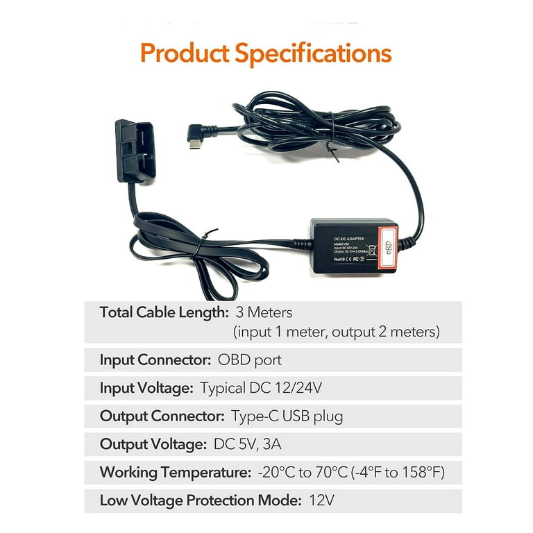 24Hours Parking Monitoring 5V 3A USB Car Charge Cable OBD Hardwire