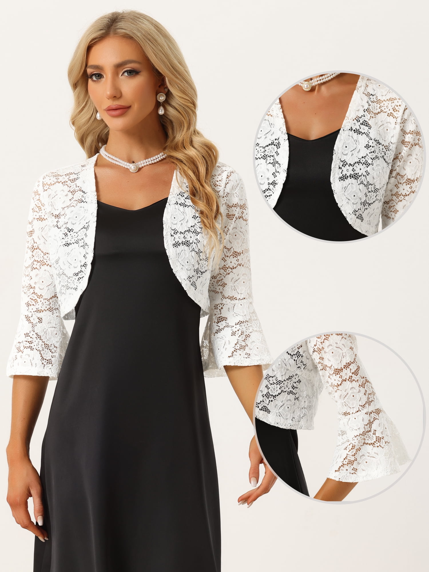 DARING DIVA Bell Sleeves Floral Lace Cardigan Cropped Shrug Tops L White
