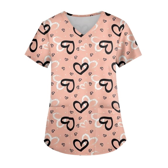 KDDYLITQ Womens Valentine Shirts Short Sleeve V Neck Scrubs Top Red Pink Valentine's Graphic Nurse Uniforms Plus Size Comfy Nursing Working Uniforms with Pockets Black M