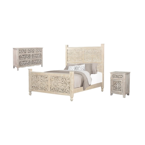 Taran Designs Monte 3-piece Floral Carved Solid Wood Bedroom Set in White