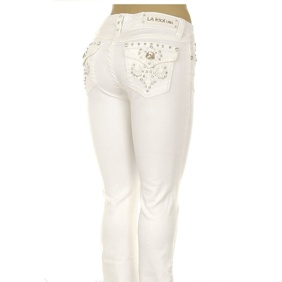 LA Idol Women's Rhinestone Mid Rise Bootcut Stretchy Denim Jeans Pants ( La Idol Bootcut White 5168BT )