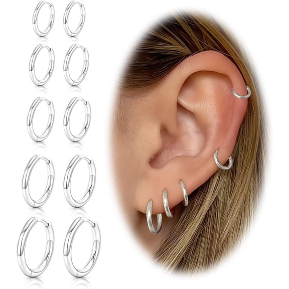 Stainless Steel Hoop Earrings, Hypoallergenic Earrings for Women Men 14k Gold Plated Small Huggie Hoop Earrings Stack Set for Multiple Piercing Lightweight Cartilage Helix Conch Hoop