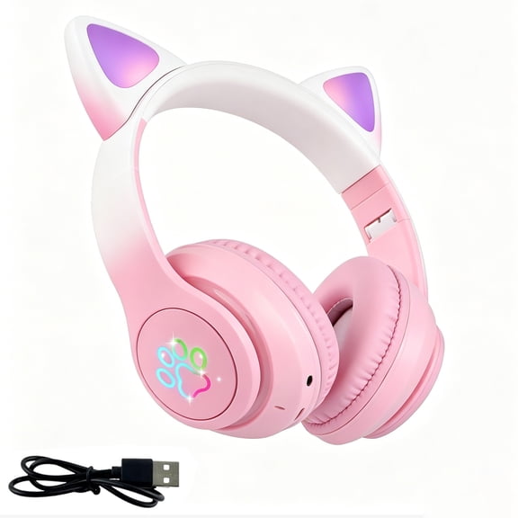 LKYICNHY Cat Ear Kids Wireless Bluetooth Headphones,LED Light up Headset with ON/Off Switch, Adjustable & Foldable Headphone with Mic for Learning/Gifts/Girls/Boys/Adult/Children/ Teens(Pink)