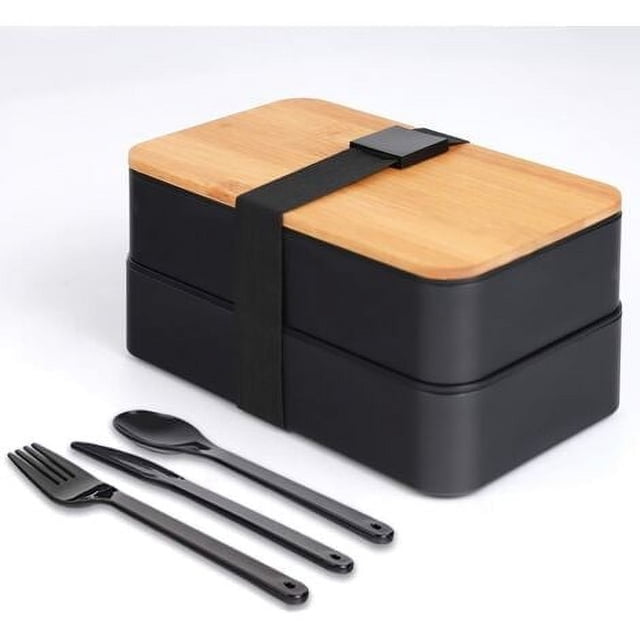 Caja Bento Japonesa - Fiambrera con Compartimentos - Cubiertos de 3 Piezas - Fiambrera con Tapa de Bambú para la Escuela y el Trabajo para niños y Adultos Thsinde